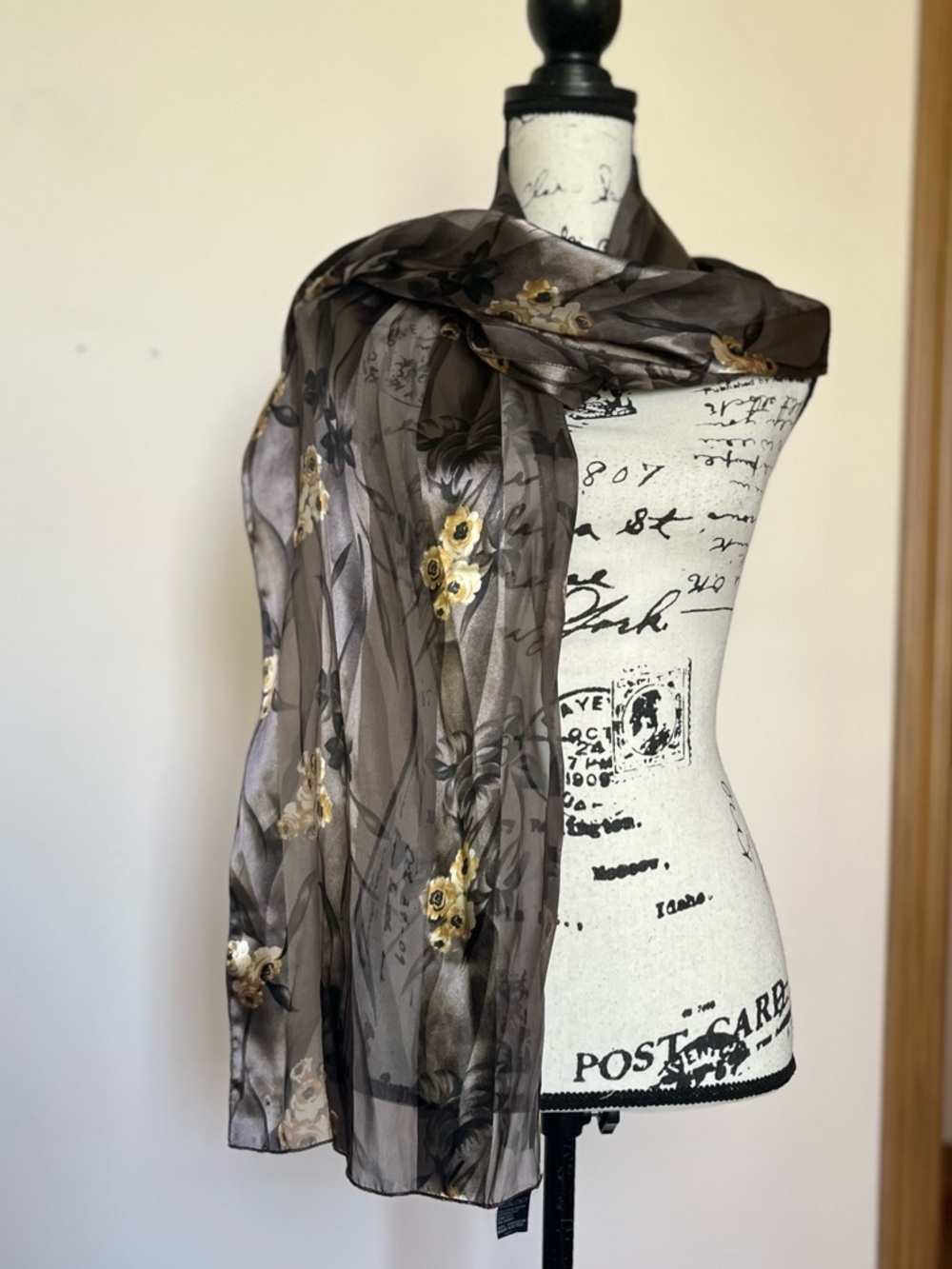 Sheer Smokey Gray Scarf Wrap With Cream and Gold Floral Pattern